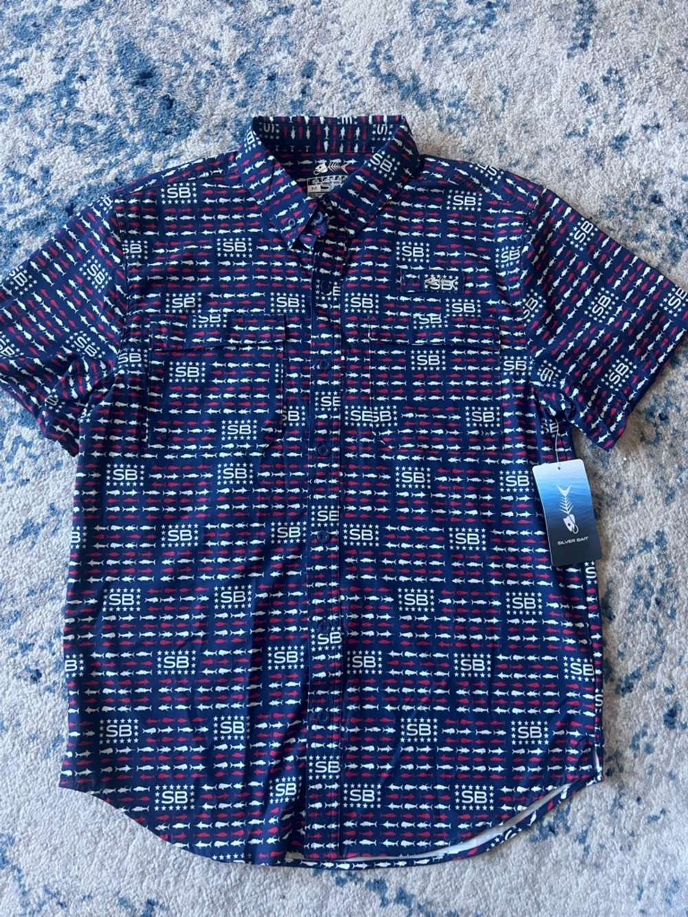 Silver Bay Navy Short-Sleeve Button-Down Shirt with Red & White Pattern
